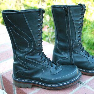 Dr Doc Martens 1914 Black Leather 14 Eye Lace Up Zipper Boots Stitches Women 7